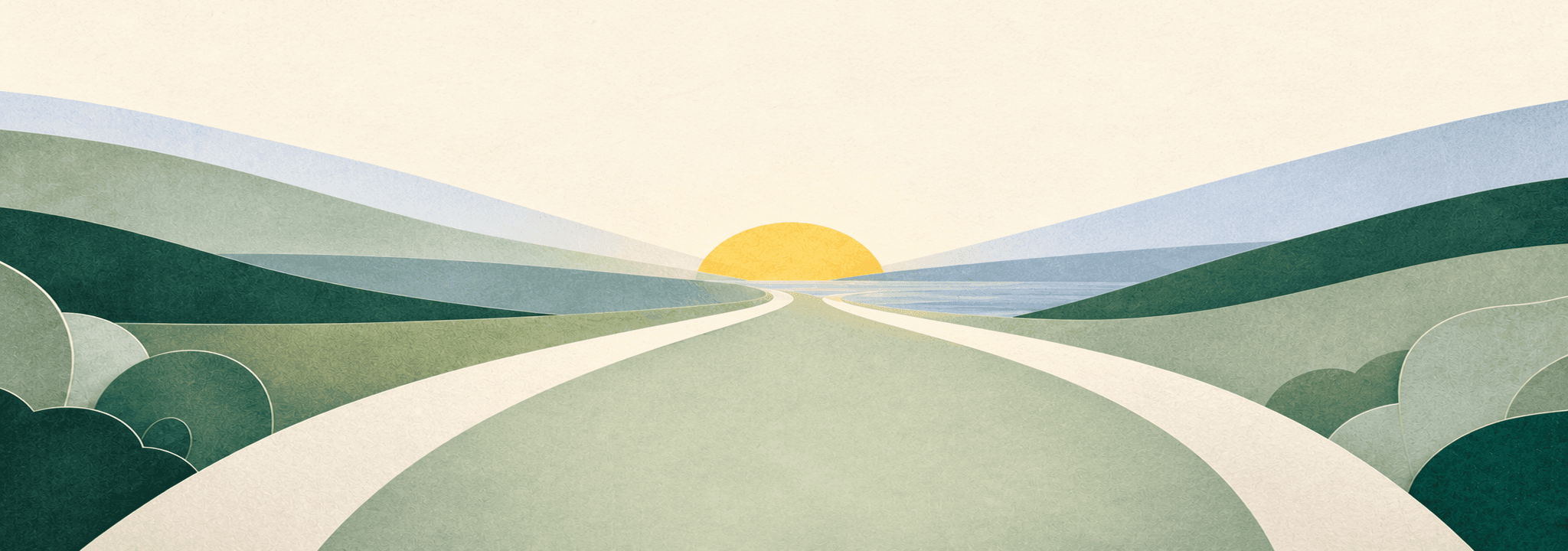 Deux sentiers qui convergent vers un lever de soleil paisible